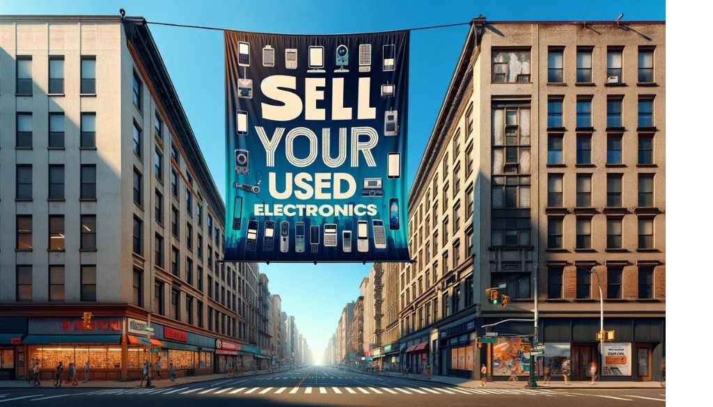 a banner over a street about selling used electronics